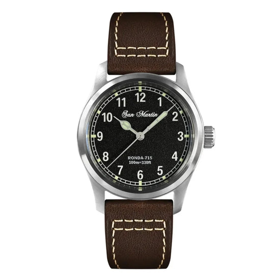 San Martin SN0034-G-A Men Pilot Watch RONDA 715 Fire Pattern Dial Stainless Steel Sport Quartz Movement 10 Bar Luminous