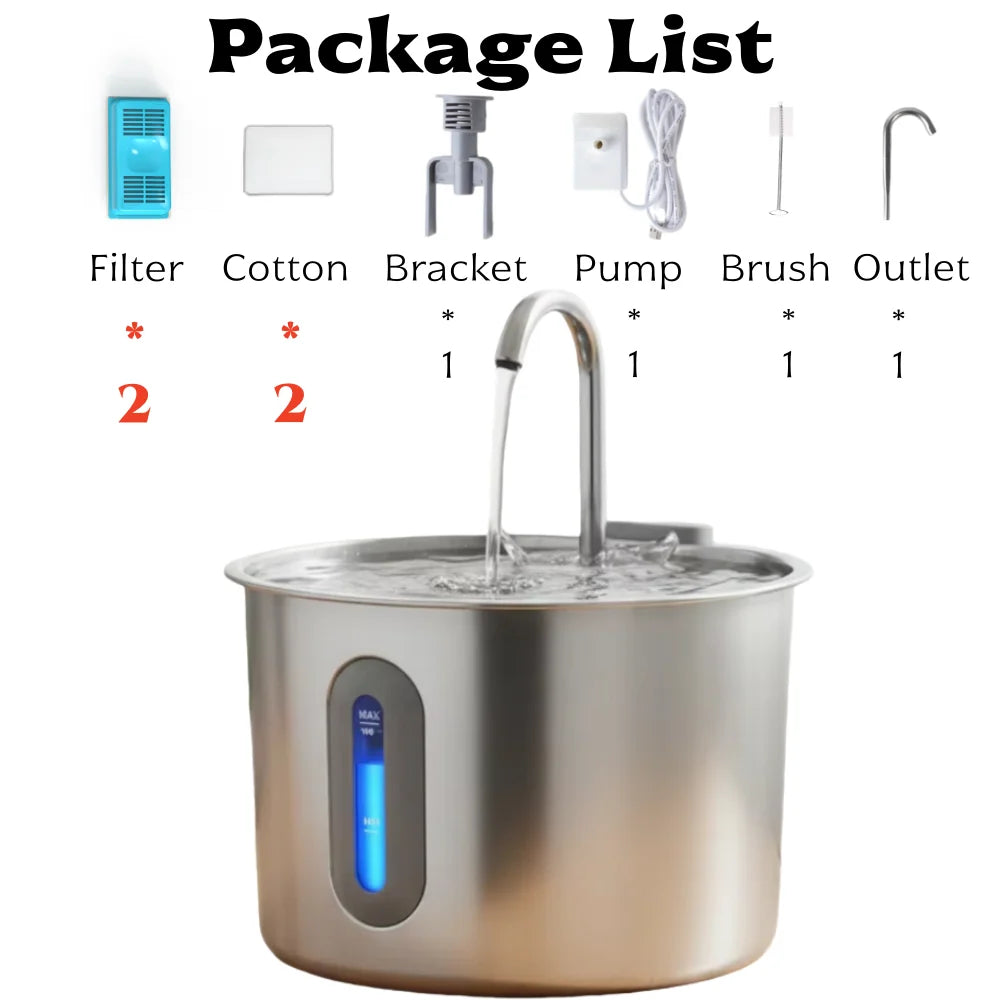 Pet Water Fountain for Cats 74oz/2.2L Stainless Steel Indoor Drinking Dispenser Free Standing Cat Water Fountain with Filter