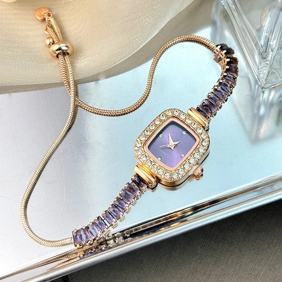 women's inlaid zircon flexible pull out bracelet with diamond square alloy case rhinestone scale simple dial quartz watch