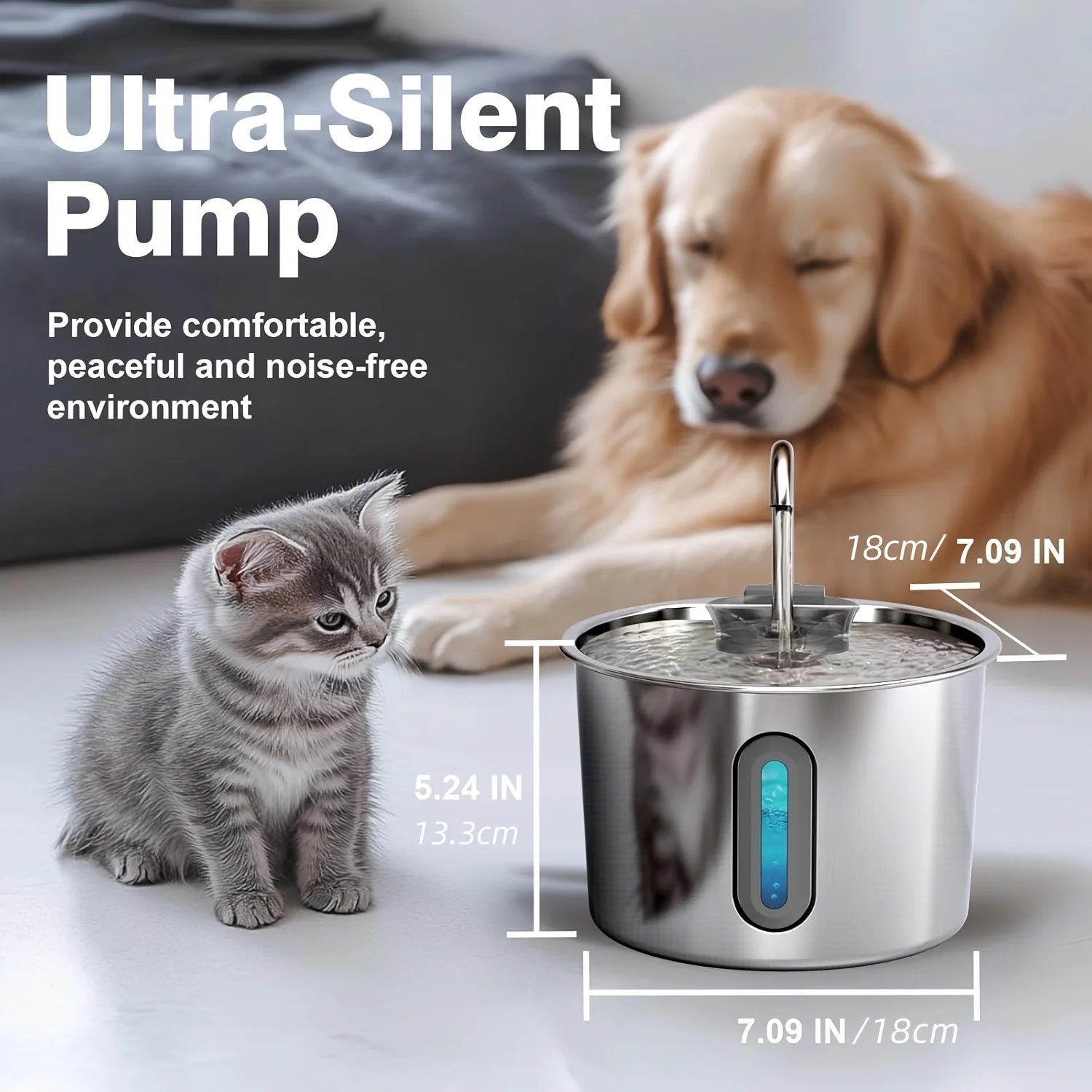 Pet Water Fountain for Cats 74oz/2.2L Stainless Steel Indoor Drinking Dispenser Free Standing Cat Water Fountain with Filter
