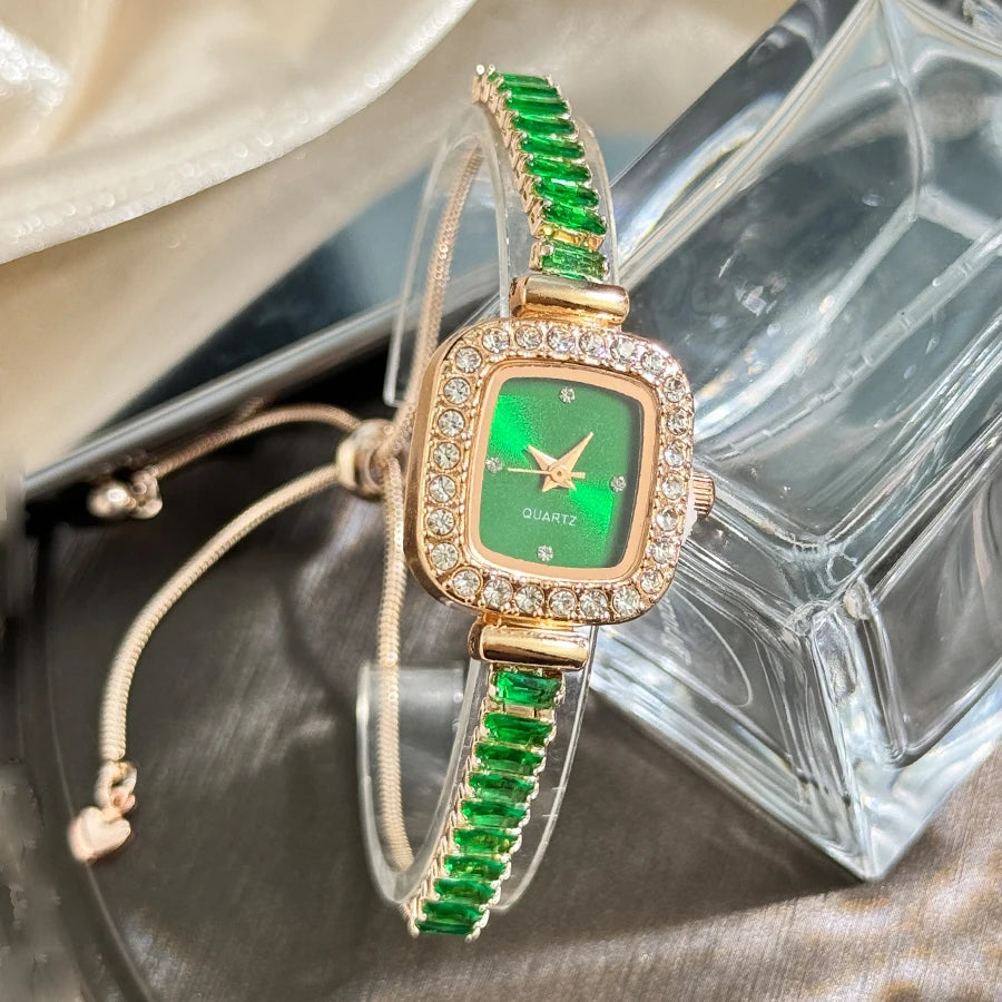 women's inlaid zircon flexible pull out bracelet with diamond square alloy case rhinestone scale simple dial quartz watch