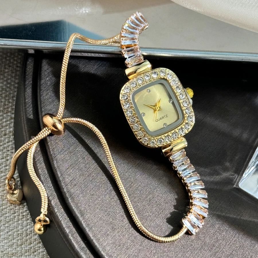 women's inlaid zircon flexible pull out bracelet with diamond square alloy case rhinestone scale simple dial quartz watch