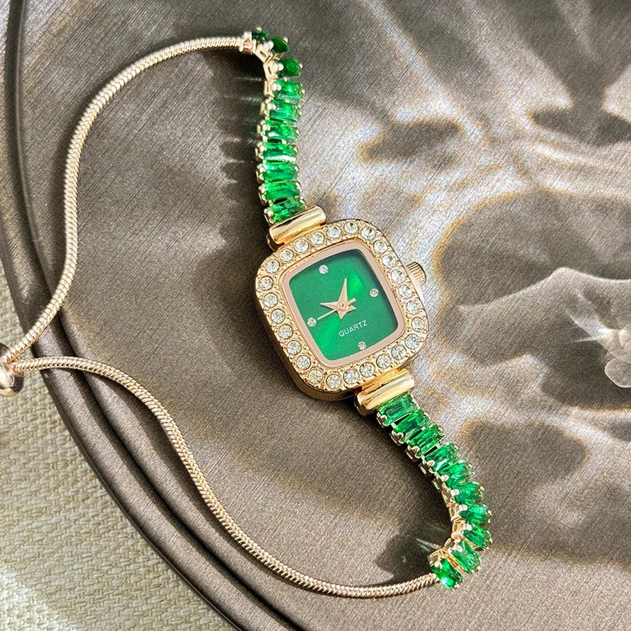 women's inlaid zircon flexible pull out bracelet with diamond square alloy case rhinestone scale simple dial quartz watch
