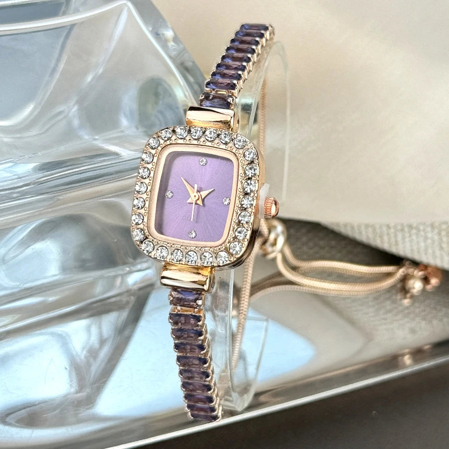 women's inlaid zircon flexible pull out bracelet with diamond square alloy case rhinestone scale simple dial quartz watch