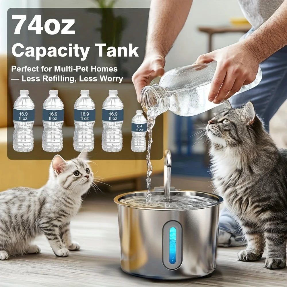Pet Water Fountain for Cats 74oz/2.2L Stainless Steel Indoor Drinking Dispenser Free Standing Cat Water Fountain with Filter