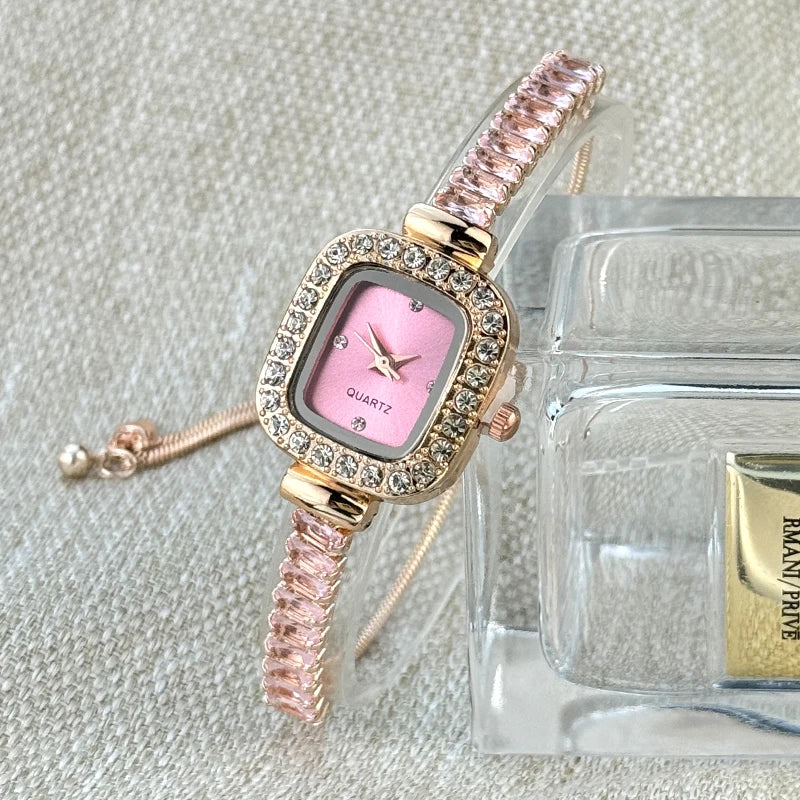 women's inlaid zircon flexible pull out bracelet with diamond square alloy case rhinestone scale simple dial quartz watch