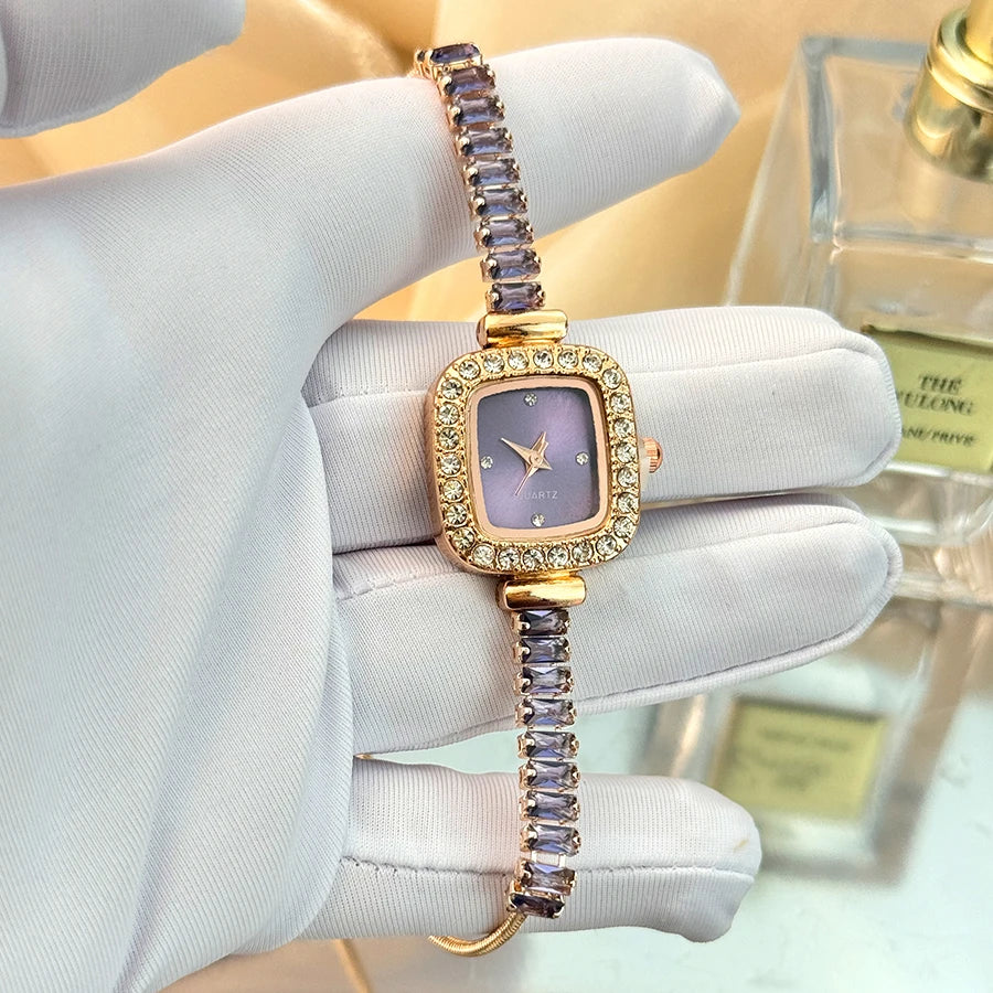 women's inlaid zircon flexible pull out bracelet with diamond square alloy case rhinestone scale simple dial quartz watch