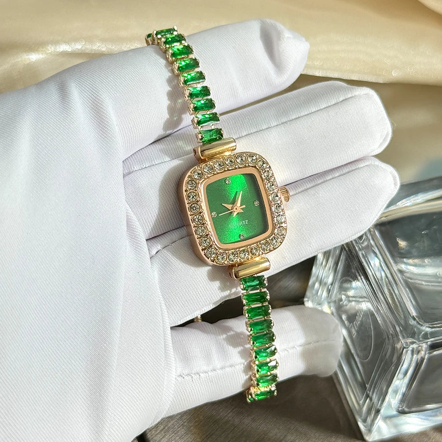 women's inlaid zircon flexible pull out bracelet with diamond square alloy case rhinestone scale simple dial quartz watch