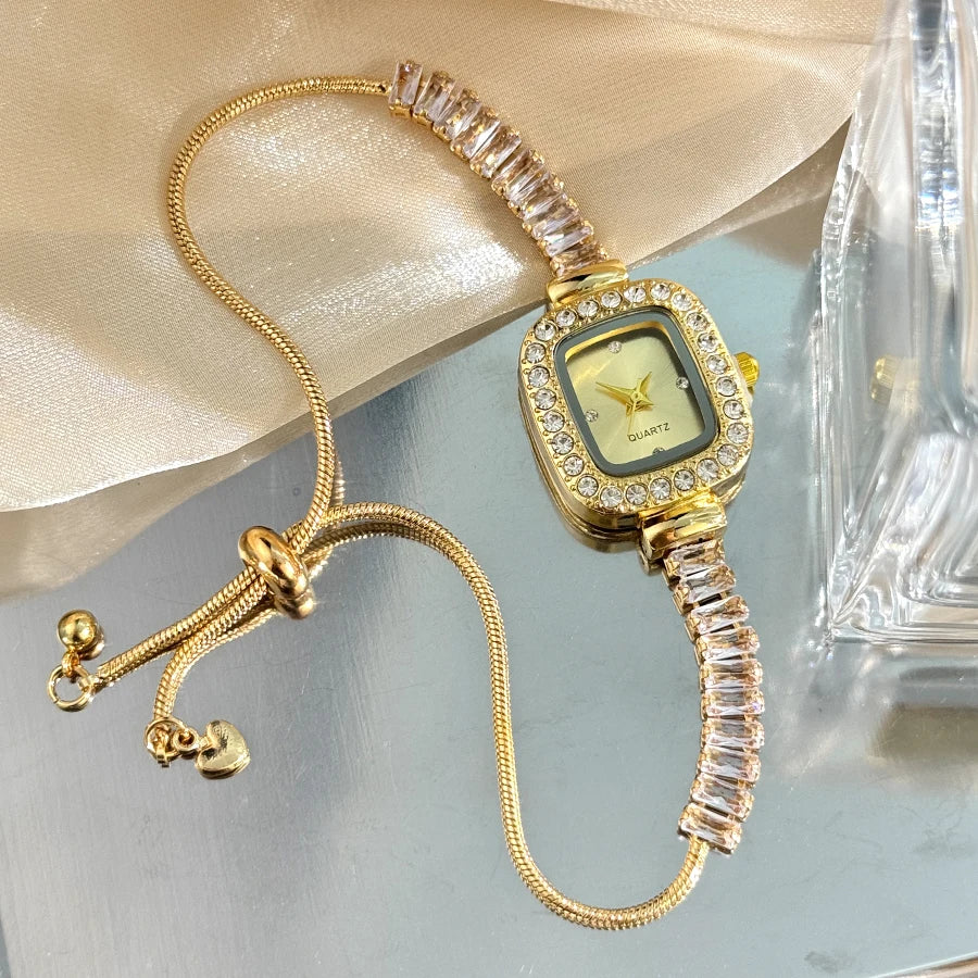 women's inlaid zircon flexible pull out bracelet with diamond square alloy case rhinestone scale simple dial quartz watch