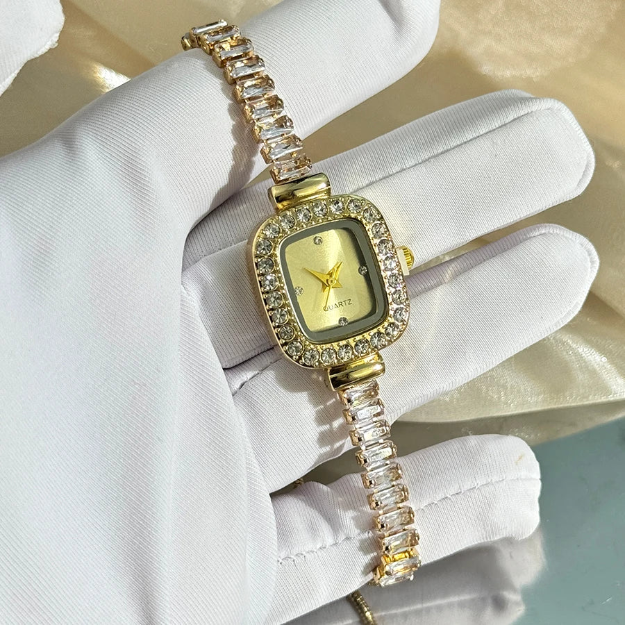 women's inlaid zircon flexible pull out bracelet with diamond square alloy case rhinestone scale simple dial quartz watch