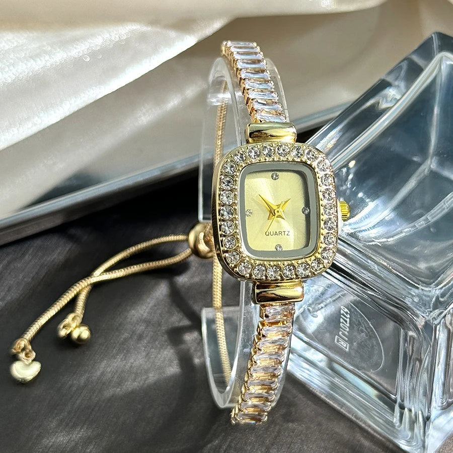 women's inlaid zircon flexible pull out bracelet with diamond square alloy case rhinestone scale simple dial quartz watch