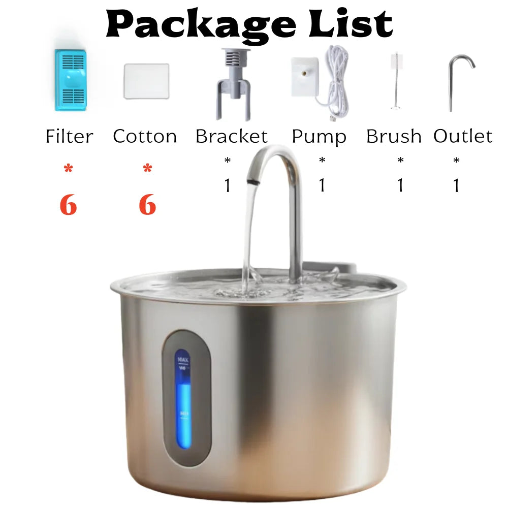 Pet Water Fountain for Cats 74oz/2.2L Stainless Steel Indoor Drinking Dispenser Free Standing Cat Water Fountain with Filter