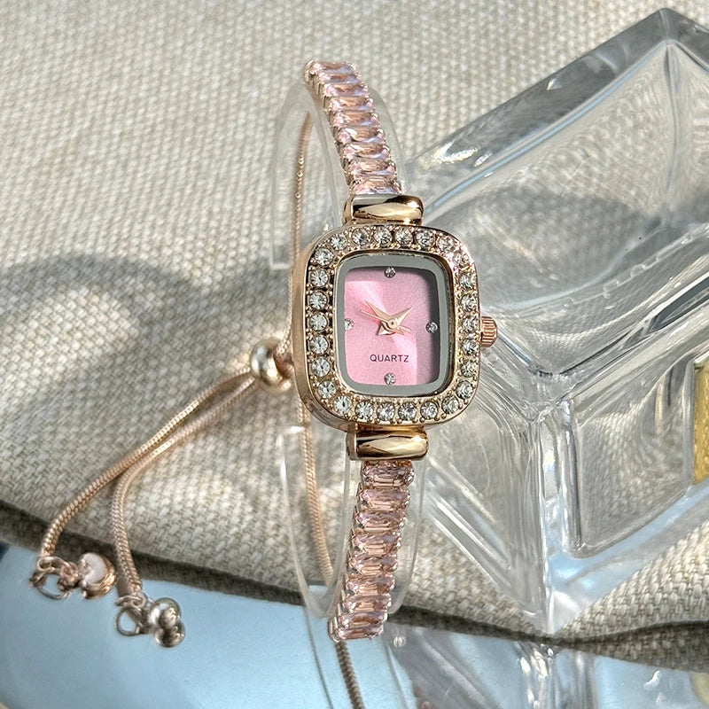 women's inlaid zircon flexible pull out bracelet with diamond square alloy case rhinestone scale simple dial quartz watch