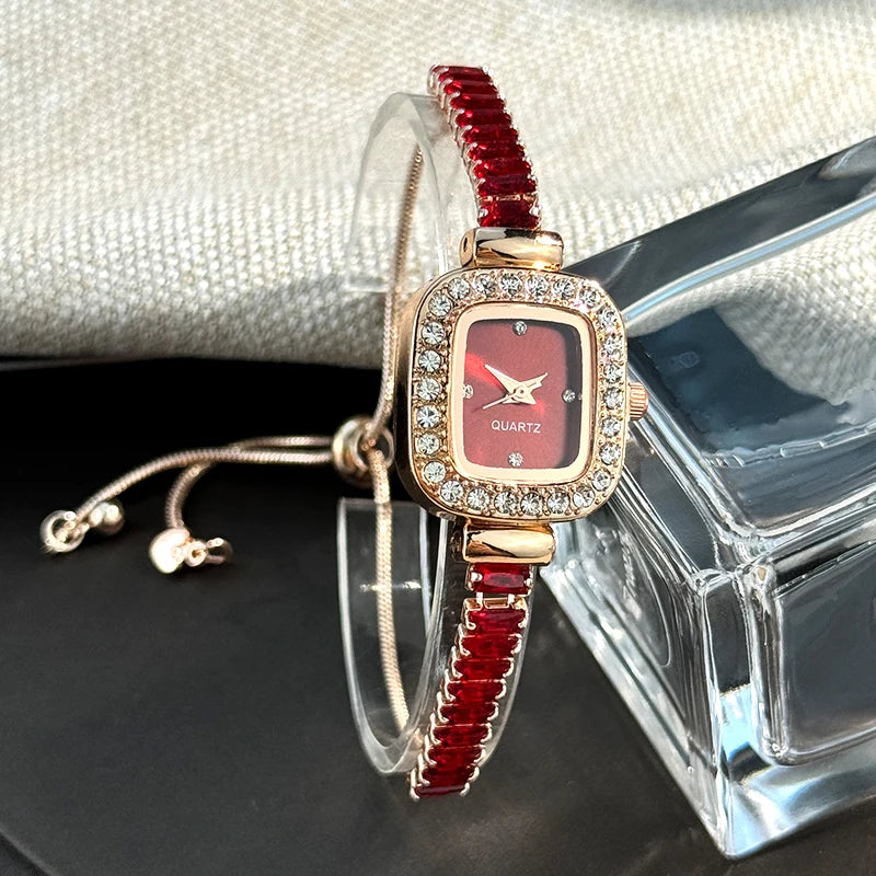 women's inlaid zircon flexible pull out bracelet with diamond square alloy case rhinestone scale simple dial quartz watch