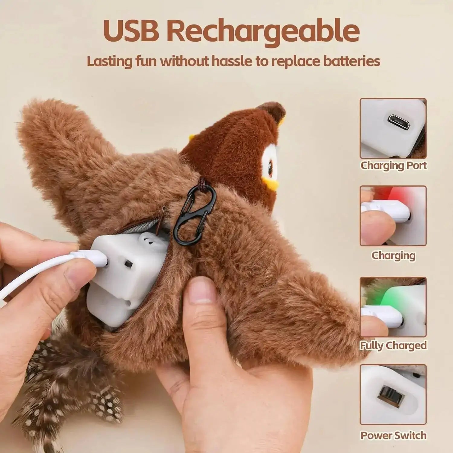 New Simulated Bird Cat Toy Interactive Toys Dog Rechargeable Chirping Flapping Bird(no Flying) Touch Activated Plush Toy Pet