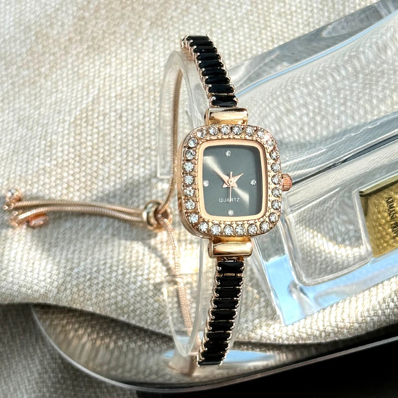 women's inlaid zircon flexible pull out bracelet with diamond square alloy case rhinestone scale simple dial quartz watch