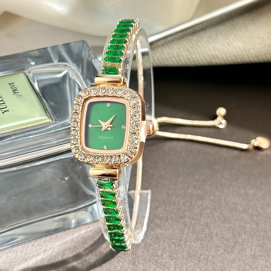 women's inlaid zircon flexible pull out bracelet with diamond square alloy case rhinestone scale simple dial quartz watch